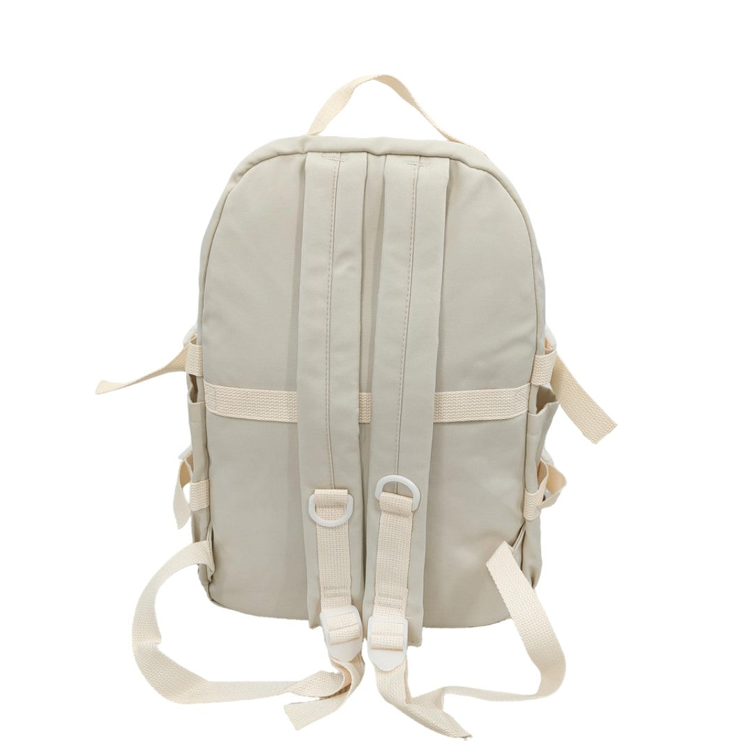 Beige Kawaii Cartoon Backpack with Plush Charm Cute Bear & Animal Pins School Travel Bag